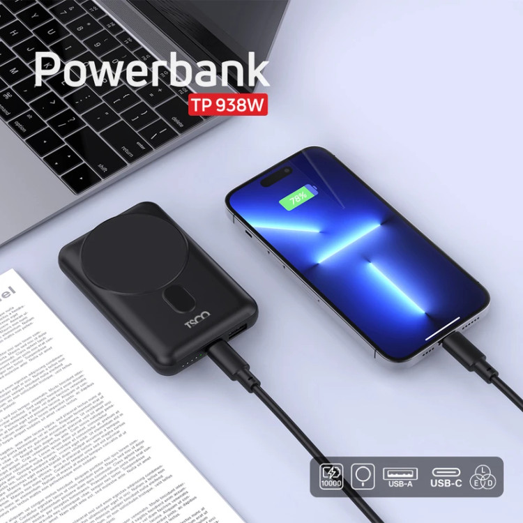 پاوربانک وایرلس شارژ تسکو مدل TP 938W ظرفیت 10000 میلی آمپر ساعت به همراه یک کابل تایپ سی و گارانتی یکساله شرکتی